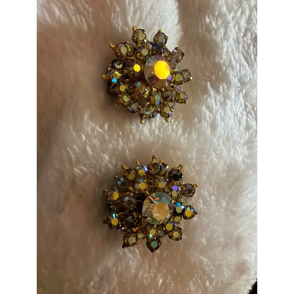 Vintage AB Rhinestone Clip On Earrings Aurora Borealis Starburst Gold Tone Round